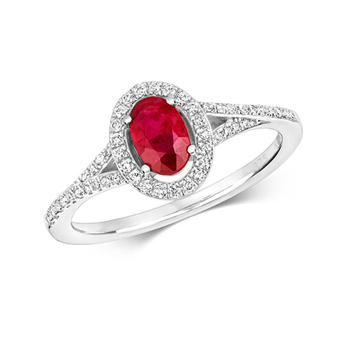 9CT WHITE GOLD OVAL RUBY AND DIAMOND HALO RING WITH DIAMOND SPLIT SHOULDERS