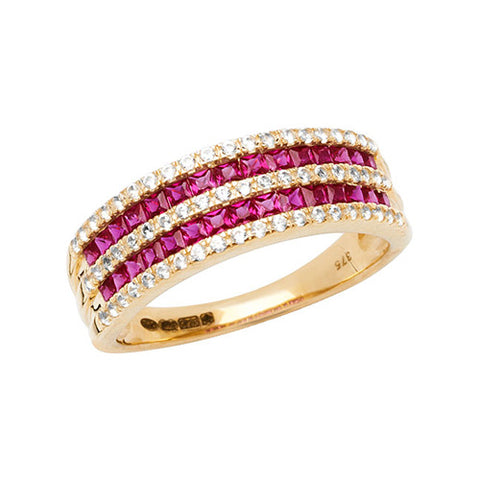 9CT GOLD PRINCESS CUT CREATED RUBY & WHITE SAPPHIRE HALF ETERNITY RING