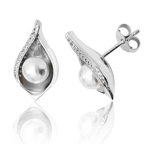 RHODIUM PLATED SILVER SHELL DESIGN PEARL & CUBIC ZIRCONIA STUDS