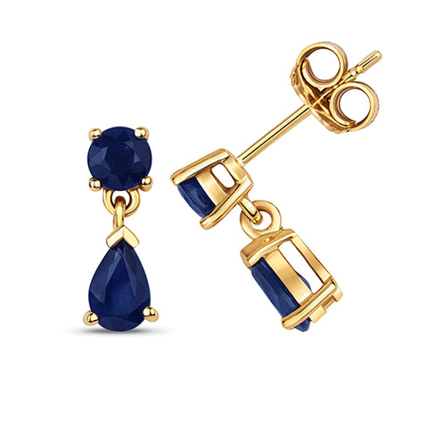 9CT GOLD ROUND & PEAR CUT SAPPHIRE DROP EARRINGS