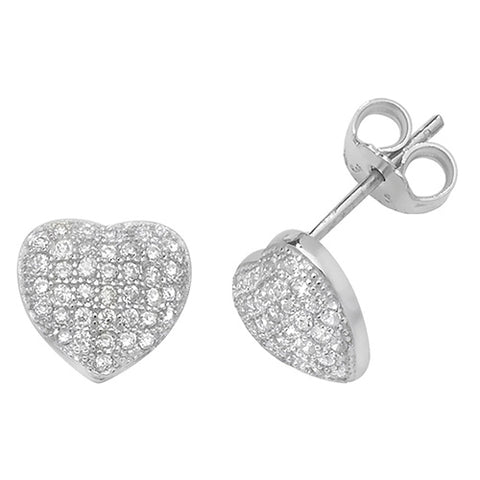 SILVER PAVE SET CUBIC ZIRCONIA HEART STUDS