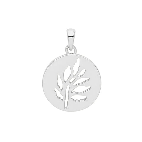 RHODIUM PLATED SILVER CUT OUT LEAVES DISC PENDANT