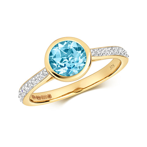 9CT GOLD BRILLIANT CUT LIGHT SWISS BLUE TOPAZ & DIAMOND RING