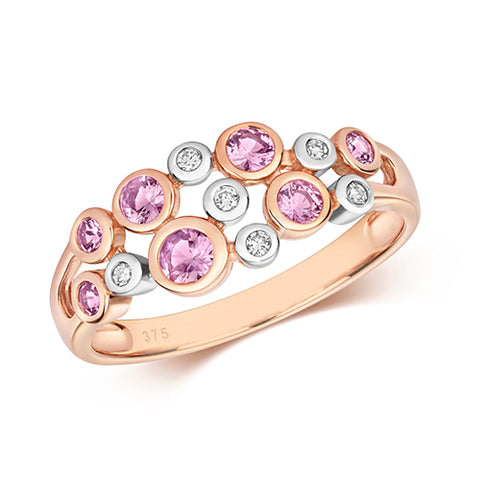 9CT ROSE GOLD RUBOVER SET PINK SAPPHIRE & DIAMOND RING