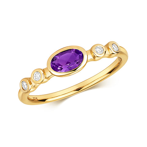 9CT GOLD OVAL EAST-WEST SET AMETHYST & DIAMOND RING