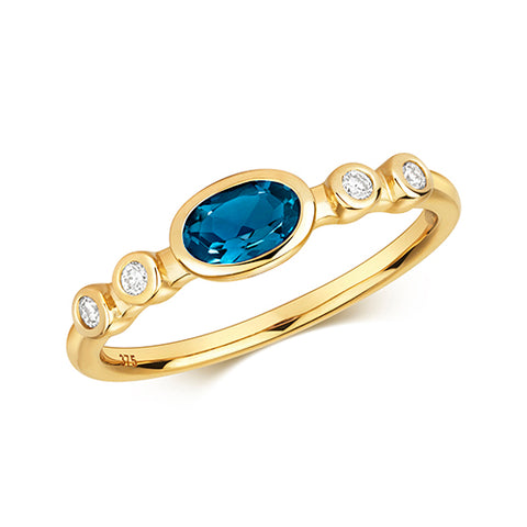 9CT GOLD OVAL EAST-WEST SET LONDON BLUE TOPAZ & DIAMOND RING