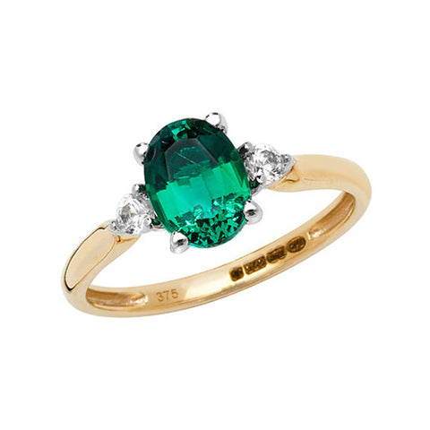 9CT GOLD OVAL CUT CREATED EMERALD & WHITE SAPPHIRE RING