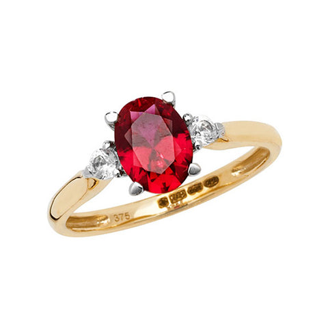 9CT GOLD OVAL CUT CREATED RUBY & WHITE SAPPHIRE RING