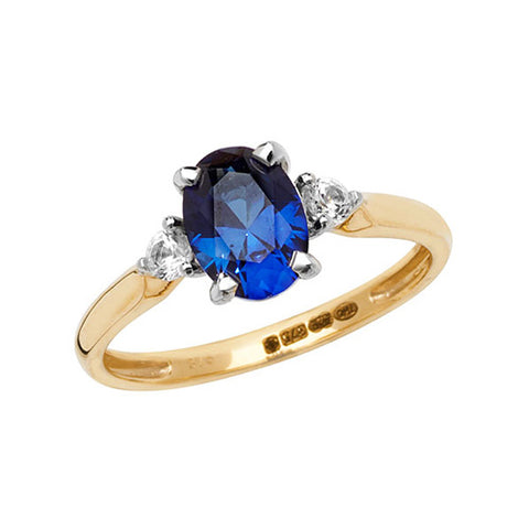 9CT GOLD OVAL CUT CREATED SAPPHIRE & WHITE SAPPHIRE RING