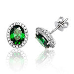 RHODIUM PLATED SILVER OVAL GREEN CUBIC ZIRCONIA HALO STUDS