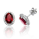 RHODIUM PLATED SILVER OVAL RED CUBIC ZIRCONIA HALO STUDS