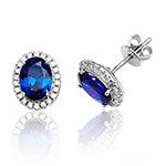 RHODIUM PLATED SILVER OVAL BLUE CUBIC ZIRCONIA HALO STUDS