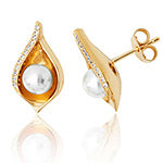 YELLOW GOLD VERMEIL SHELL DESIGN PEARL & CUBIC ZIRCONIA STUDS