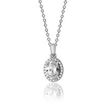 RHODIUM PLATED SILVER OVAL CUT CUBIC ZIRCONIA HALO NECKLACE