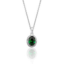 RHODIUM PLATED SILVER OVAL CUT GREEN CUBIC ZIRCONIA HALO NECKLACE