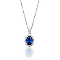 RHODIUM PLATED SILVER OVAL CUT BLUE CUBIC ZIRCONIA HALO NECKLACE