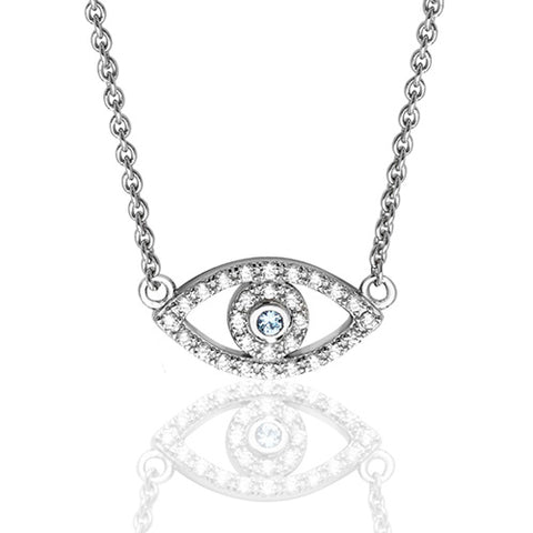 RHODIUM PLATED SILVER SMALL CUBIC ZIRCONIA SET EVIL EYE NECKLACE