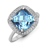 9CT WHITE GOLD 4.22CT CUSHION CUT BLUE TOPAZ & DIAMOND RING
