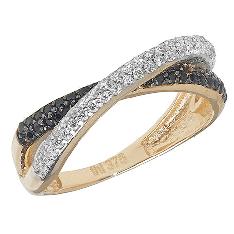9CT GOLD BLACK & WHITE CUBIC ZIRCONIA CROSSOVER RING