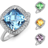9CT WHITE GOLD 4.22CT CUSHION CUT BLUE TOPAZ & DIAMOND RING