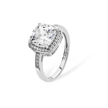 RHODIUM PLATED SILVER CUBIC ZIRCONIA HALO RING