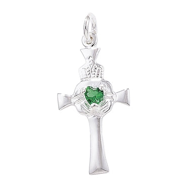 SILVER CLADDAGH CROSS WITH GREEN CRYSTAL