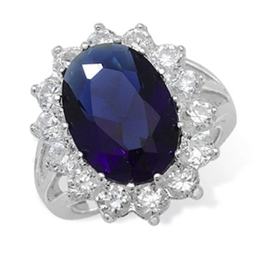 SILVER SYNTHETIC SAPPHIRE & CUBIC ZIRCONIA RING