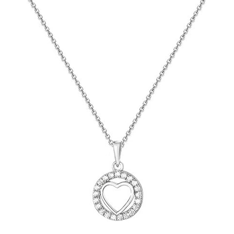 RHODIUM PLATED SILVER HEART IN CUBIC ZIRCONIA HALO NECKLACE