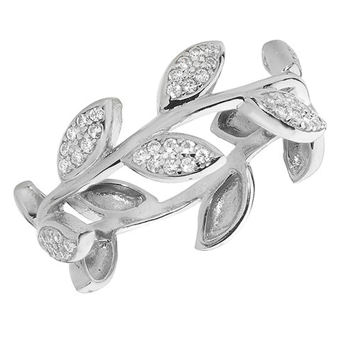 SILVER VINE LEAF RING WITH CUBIC ZIRCONIA LEAVES