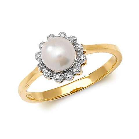 9CT GOLD FRESHWATER PEARL & DIAMOND CLUSTER RING