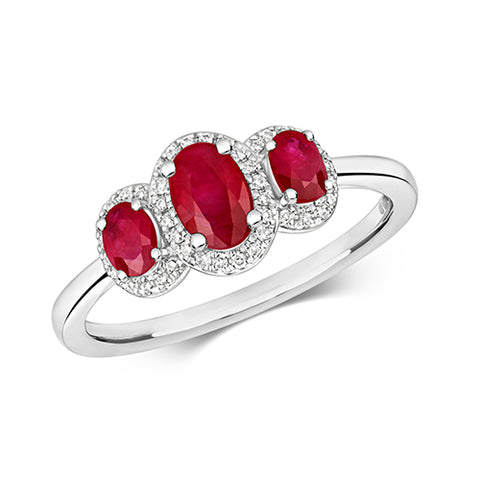 9CT WHITE GOLD OVAL RUBY & DIAMOND TRILOGY CLUSTER RING