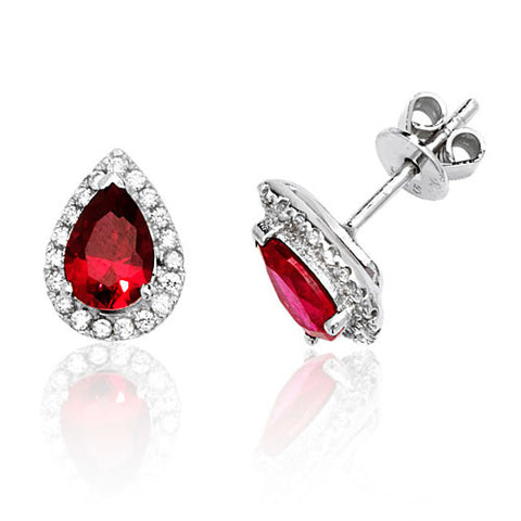 RHODIUM PLATED SILVER PEAR CUT RED CUBIC ZIRCONIA HALO STUDS