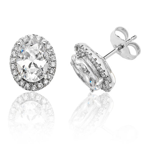 RHODIUM PLATED SILVER OVAL CLEAR CUBIC ZIRCONIA HALO STUDS