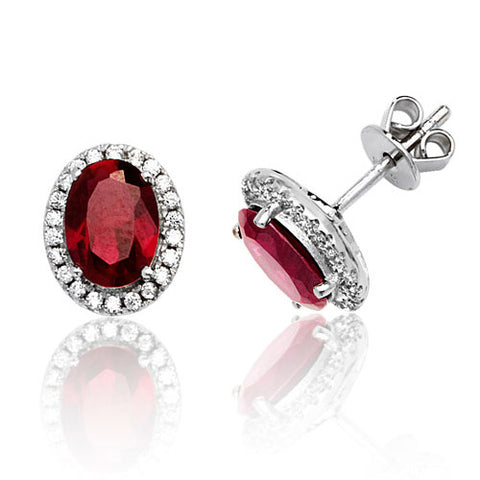 RHODIUM PLATED SILVER OVAL CUT RED CUBIC ZIRCONIA HALO STUDS