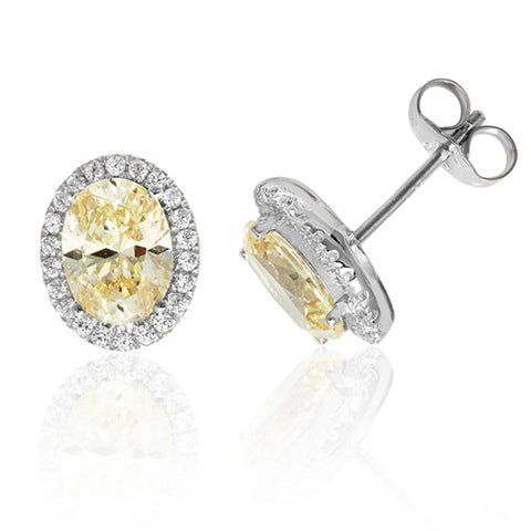 RHODIUM PLATED SILVER OVAL CHAMPAGNE CUBIC ZIRCONIA HALO STUDS