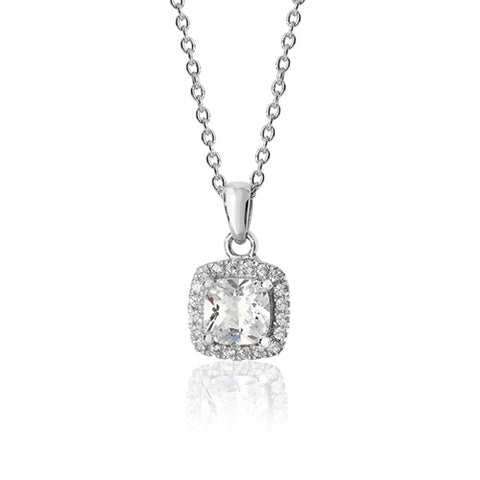 RHODIUM PLATED SILVER CUSHION CUT CUBIC ZIRCONIA HALO NECKLACE