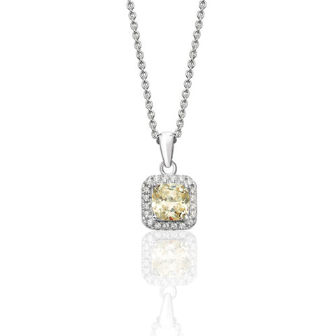 RHODIUM PLATED SILVER CLAW SET CUSHION HALO STYLE  CHAMPAGNE CUBIC ZIRCONIA NECKLACE