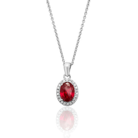 RHODIUM PLATED SILVER OVAL CUT RED CUBIC ZIRCONIA HALO NECKLACE