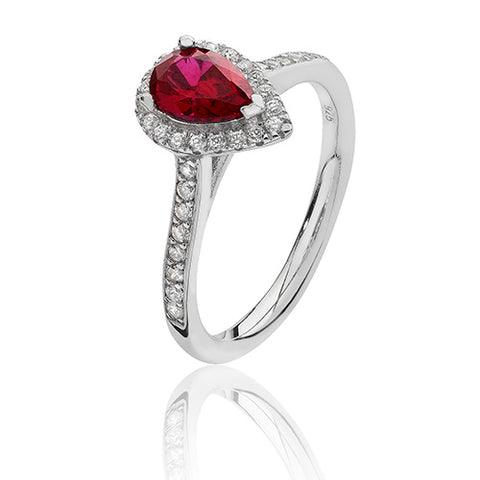 RHODIUM PLATED SILVER PEAR CUT RED CUBIC ZIRCONIA HALO RING