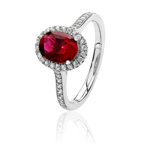 RHODIUM PLATED SILVER OVAL CUT RED CUBIC ZIRCONIA HALO RING