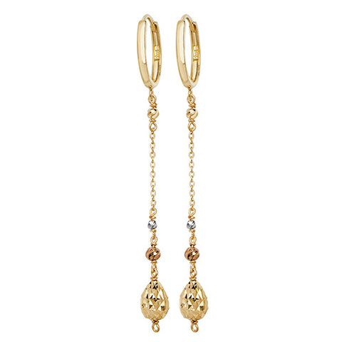 9CT THREE-COLOUR GOLD BEADED DROP EARRINGS