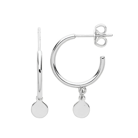 RHODIUM PLATED SILVER DEMI HOOPS WITH DISC CHARM
