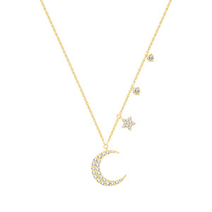 9CT GOLD CUBIC ZIRCONIA SET MOON & STAR NECKLACE