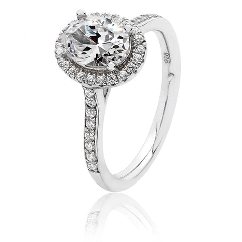 RHODIUM PLATED SILVER OVAL CUT CUBIC ZIRCONIA HALO RING