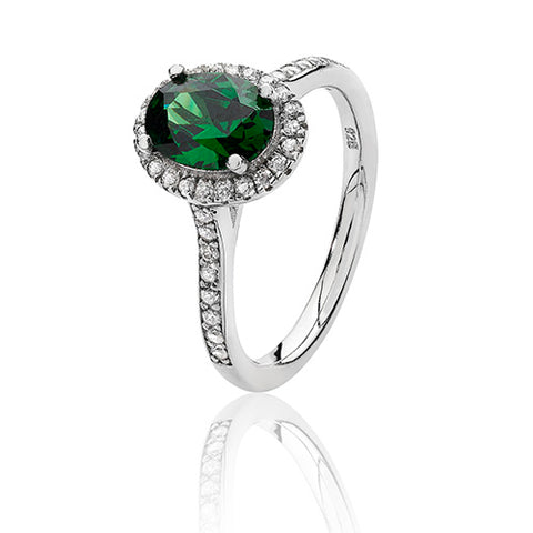RHODIUM PLATED SILVER OVAL CUT GREEN CUBIC ZIRCONIA HALO RING
